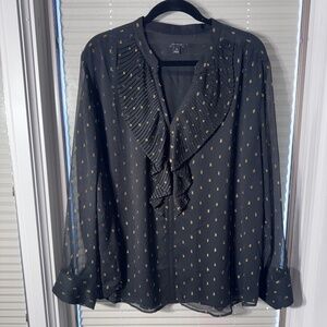 Ann Taylor Black Ruffle Blouse XXL Gold Dot Elegant Work Top